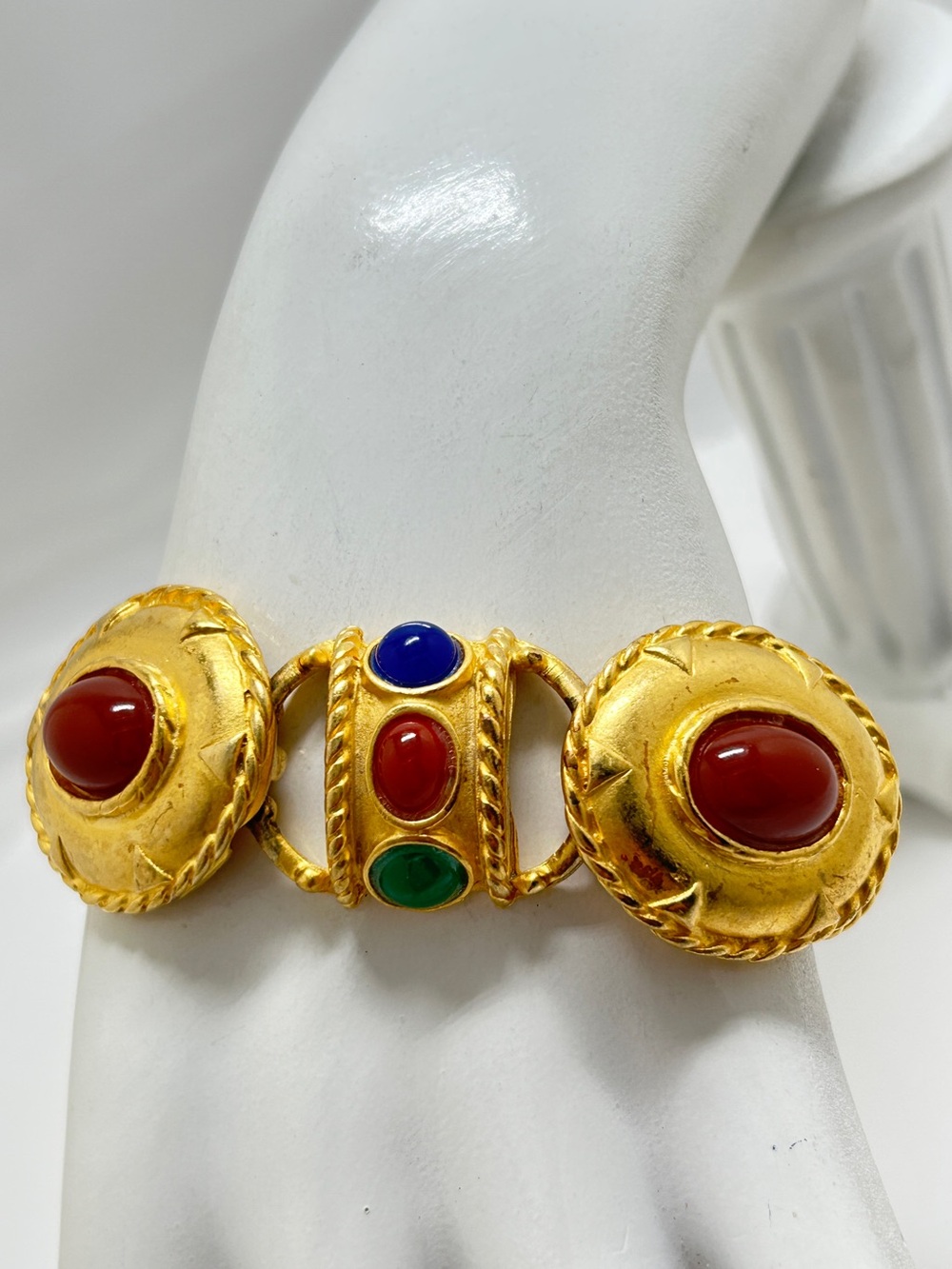 Vintage Gold And Gripoix Glass Cabochons Etruscan Style Bracelet, Marked USA
